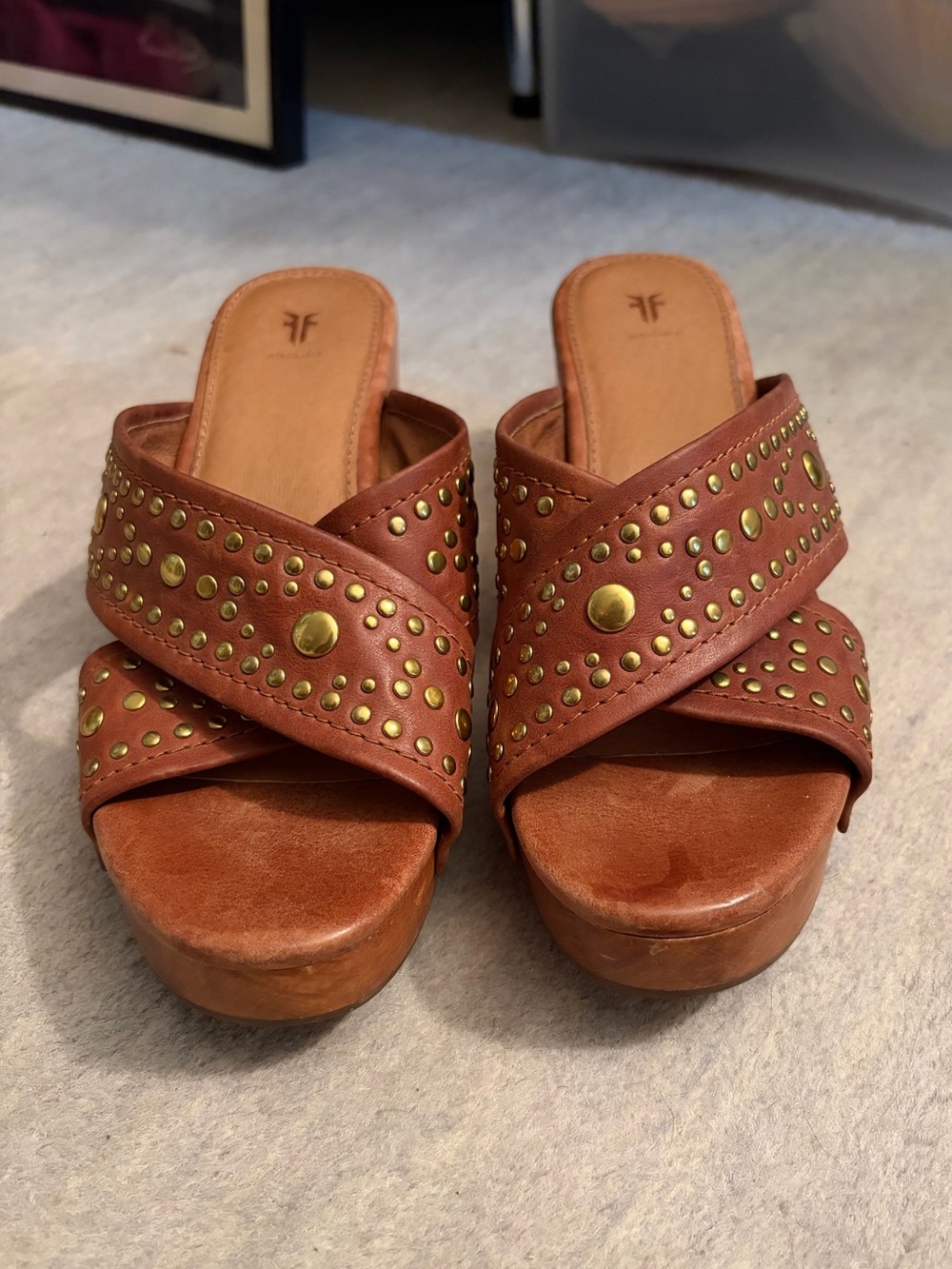 Frye Brown Leather Studded Platform Slides